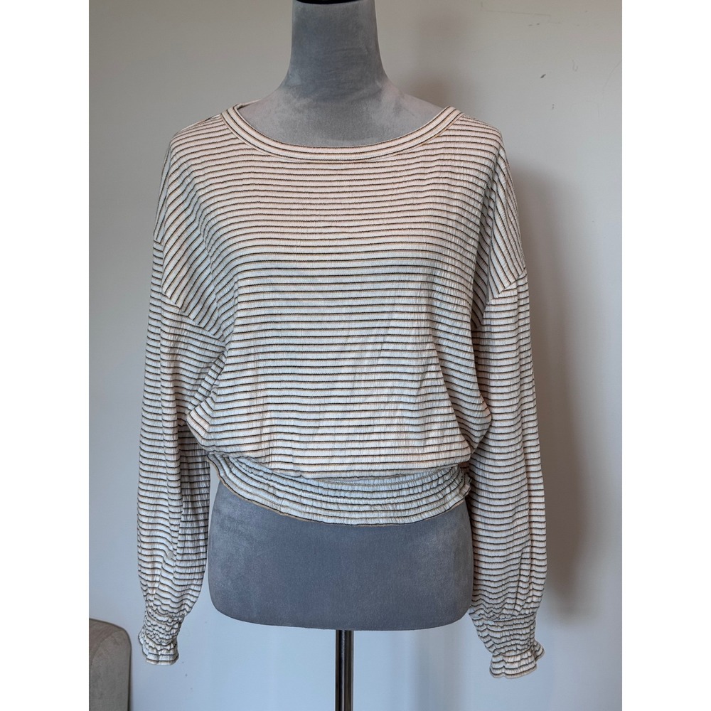 LOFT Outlet Striped Ribbed Knit Blouson Top Large Cream Black Yellow Smocked Hem